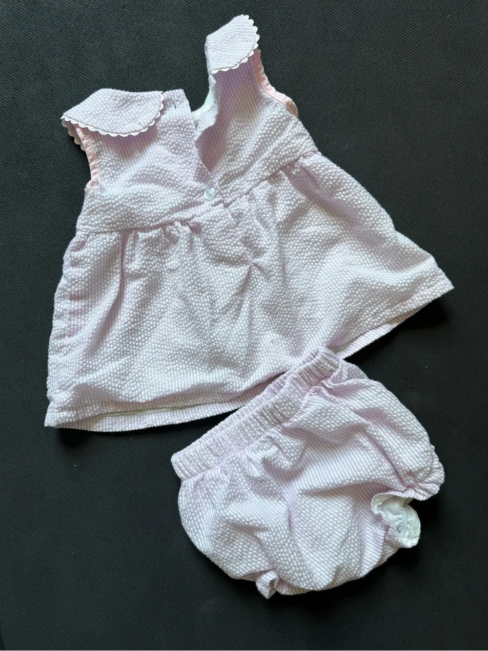 Stitchy Fish Pink School Bus Apple Seersucker Bloomer Set Baby Girl 12M